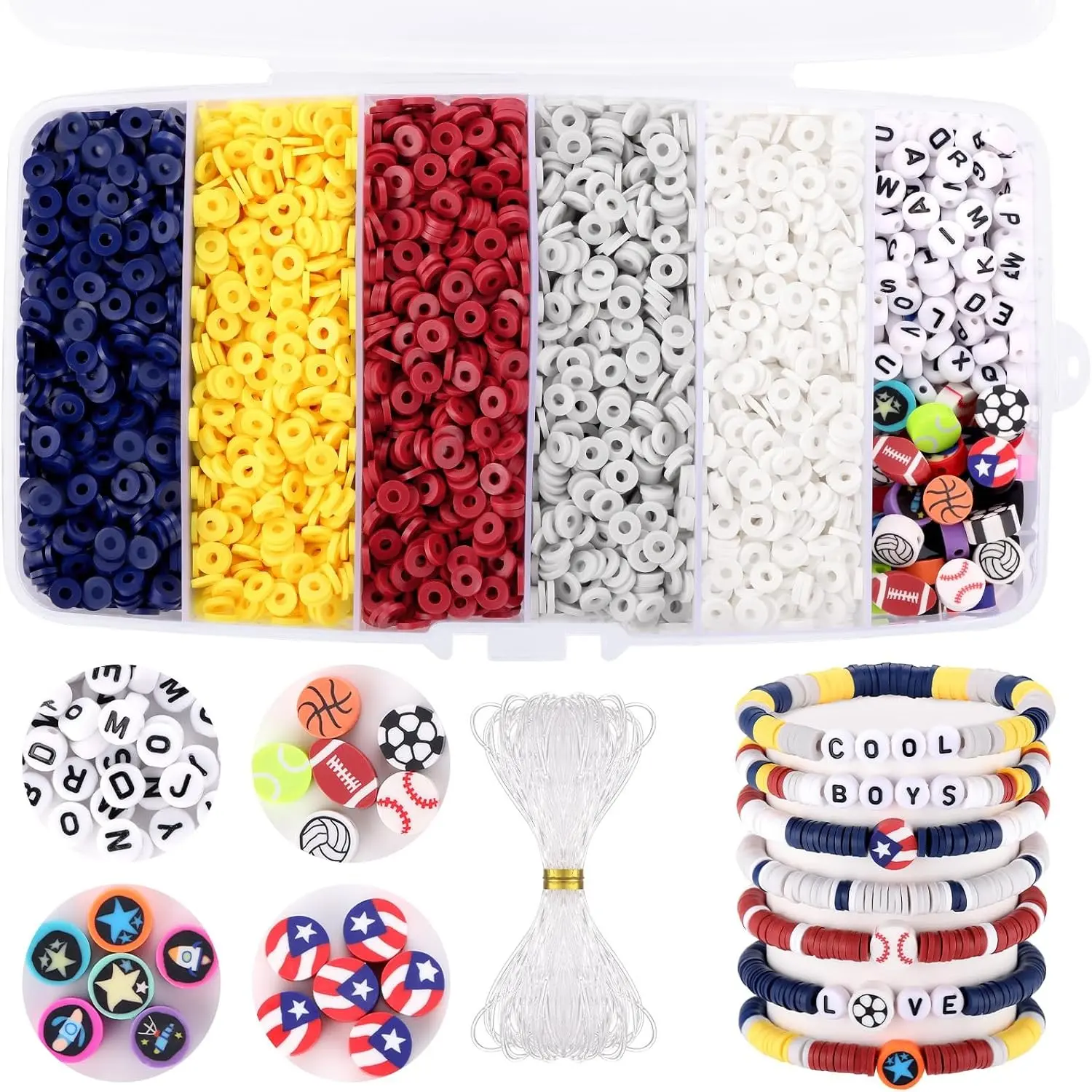 Red White and Blue Clay Beads, 5000 Pcs Heishi Flat Round Beads | Clay Beads for Bracelet Making, Friendship Bracelet Kit with Letter Sports Beads, Birthday DIY Craft for Boys AdultsGift