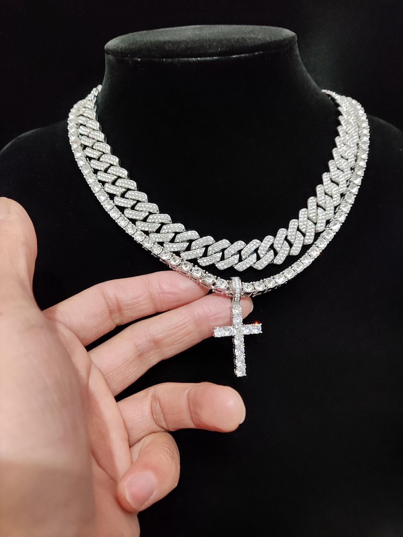 Easter Luxury Rhinestone Cross Pendant Necklace & Cuban Chunky Chain Matching Jewelry Set, Sparkly Streetwear Hip Hop Iced out Jewelry Set for Party, Gorgeous Trendy Accessories Cross Necklaces, Cuban Link Chain