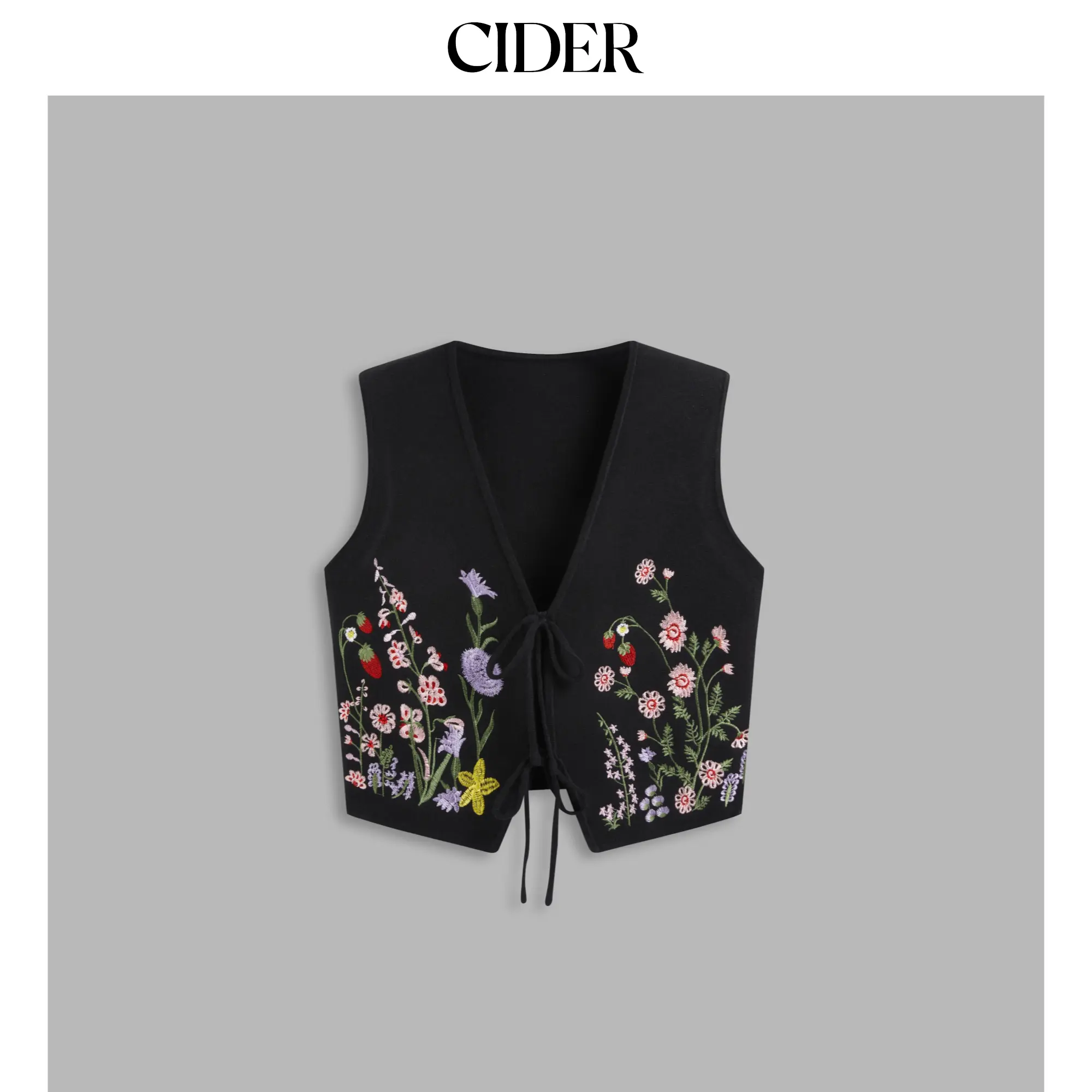 Cider [2 colors, size 2-26] Knit V-neck Floral Embroidery Tie Front Vest