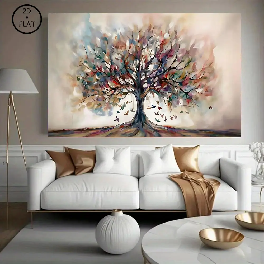 Extra Large Tree of Life Canvas Print - Abstract Yggdrasil Painting Wall Art - Art Deco Classic Contemporary Style - Geometric Pattern - For Spring Summer Seasons - Kitchen Bathroom Living Room Bedroom Decor Hand Drawn Artwork wall decor poster wall art