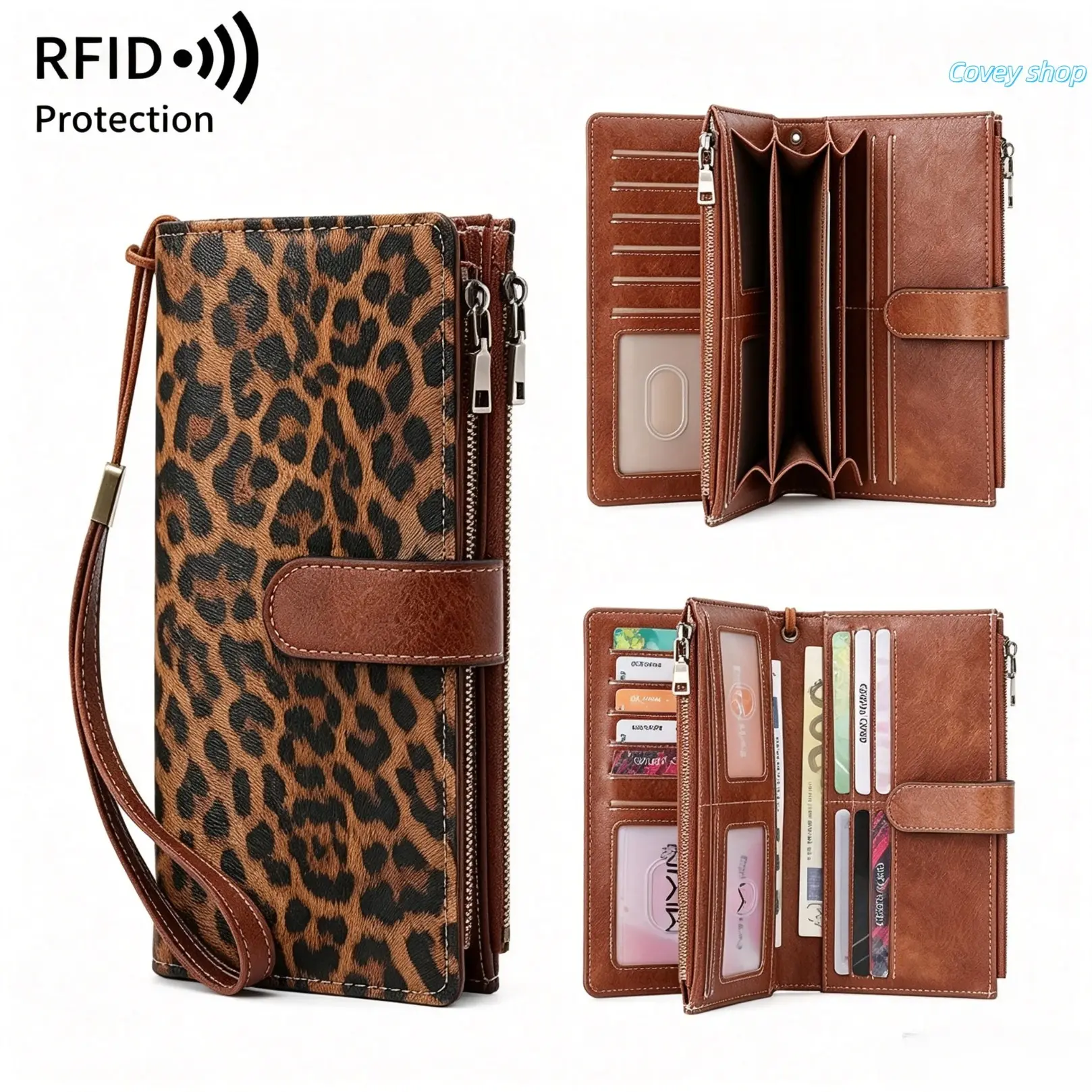 Fashion Leopard Pattern Long Zipper Wristlet Wallet, RFID Blocking Multi Card Holder Clutch, Versatile Stylish Purse for Women, Perfect Gift for Birthday, Christmas & Valentine’s Day