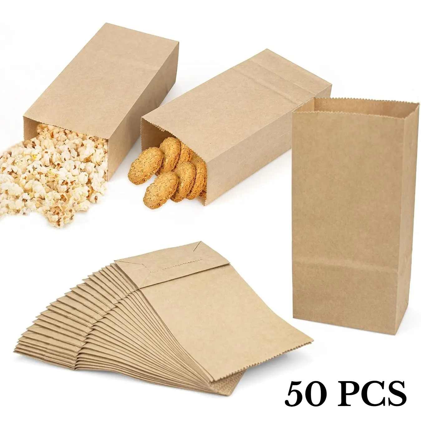 50 Pack Durable Brown Kraft Paper Bags,Perfect for Baking Food Packaging,  Multipurpose Disposable Paper Pouches, Retail Shopping, Party Favors and Gift Wrapping