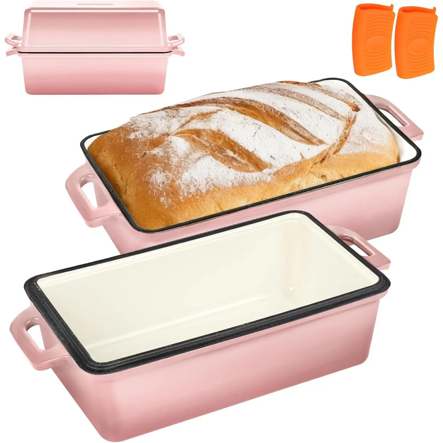 Enameled Cast Iron Bread Loaf Pan with Lid, 9x5 Sourdough Baking Pans for Homemade Bread, Cake, Meatloaf, Even Heating Bread Pans, 2-Piece Set, Pink