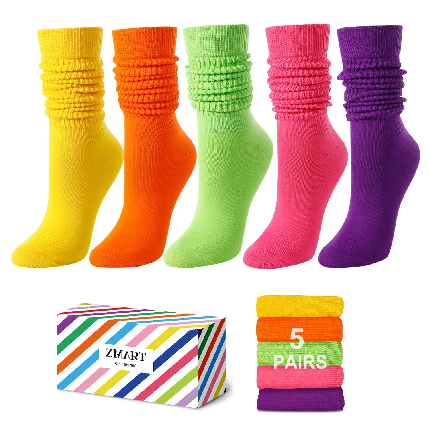 Zmart 5 Pairs Colorful Slouch Socks For Women Girls, Scrunch Socks Women, Cotton Long High Tube Socks Pink Purple Green Yellow