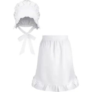 2 Pieces Women Colonial Costume Accessory Set Include White Mob Cap Bonnet Cotton Half Apron for Maid Girl Cosplay