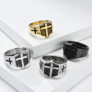 Knights Templar Shield Cross Signet Ring, Wavy Texture Stainless Steel Band 4 Tone | A Perfect Gift Choice | Waterproof & Corrosion-Resistant Material