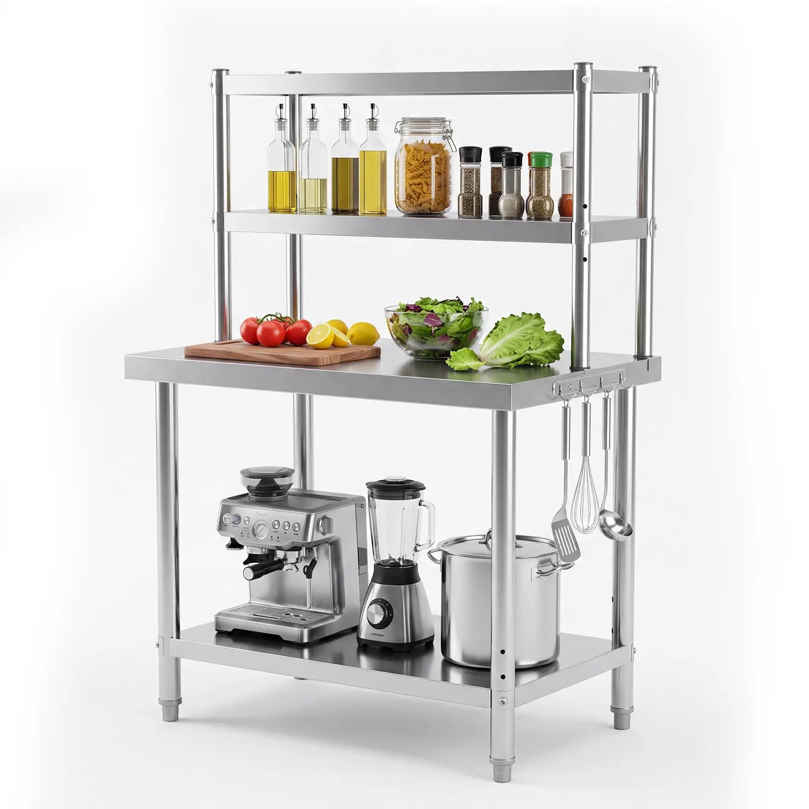 2-Tier Stainless Steel Table – 30/36/48" Sizes, 12" Overshelf – 1460lbs Capacity – NSF Certified – Commercial Kitchen Prep – Rust-Resistant