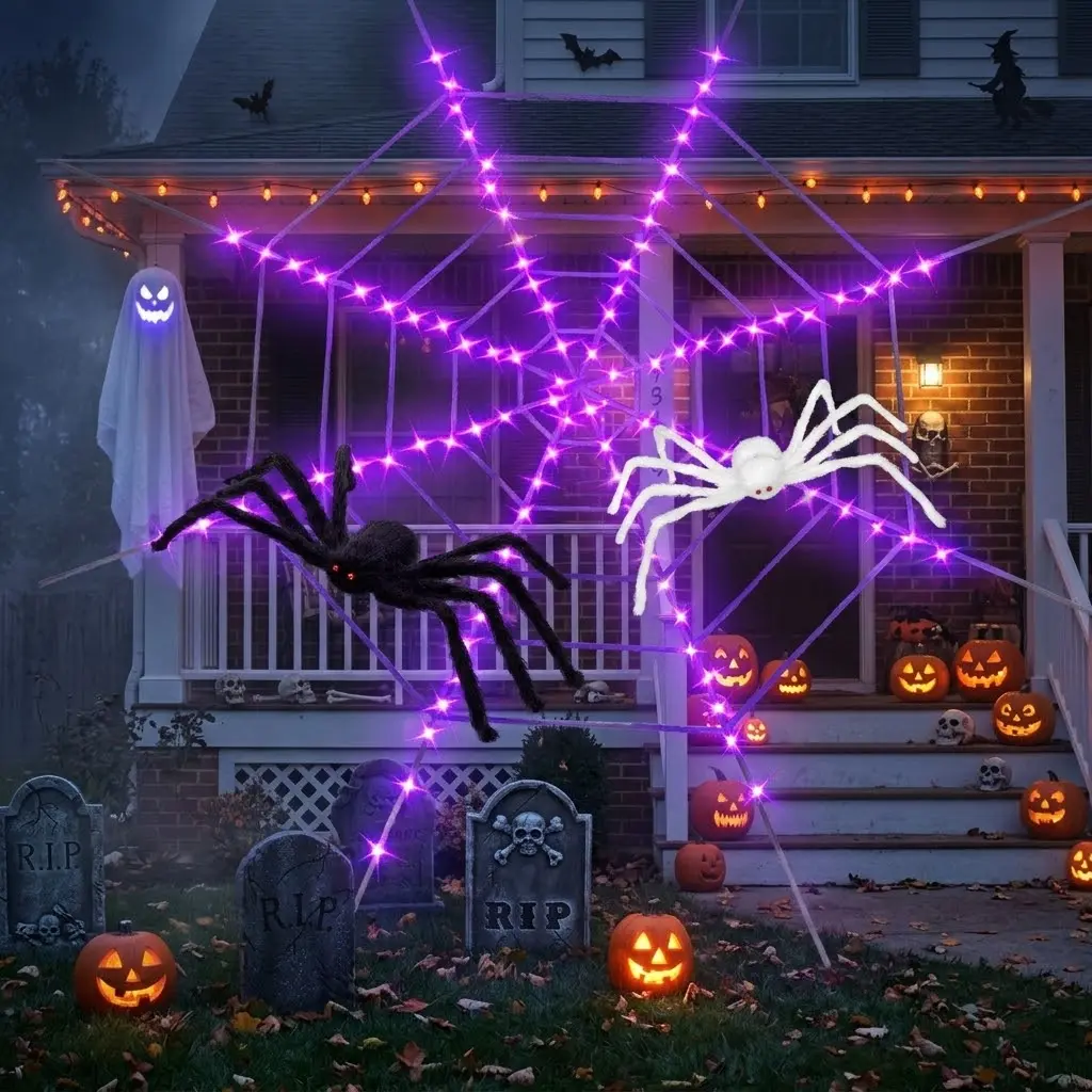 Halloween Giant Hairy Fake Spider with 11.8FT 5-Circle Round Web, Purple LED Lights, 35.4in Hairy Spider, IP66 Waterproof Outdoor Yard Garden Haunted House Decor