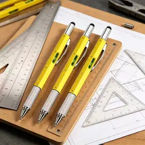3pcs 6-In-1 Multifunctional Tool Pen, Ballpoint Pen with Level, Ruler, Screwdriver, Stylus, Handheld Engineering Pen for DIY, Woodworking, Office