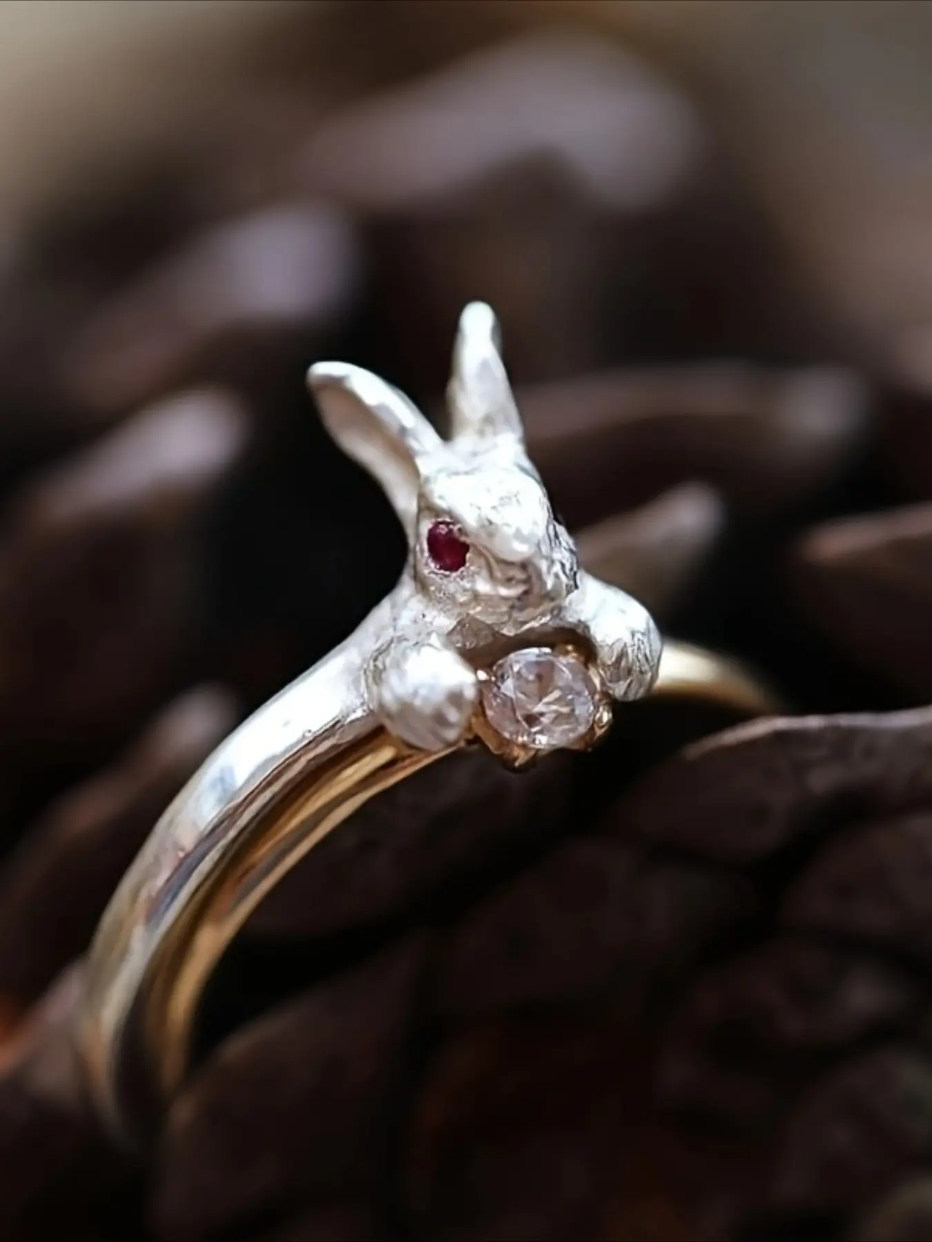 2pc/Set Silver Rabbit Ring+Gold Water Diamond Zircon Ring Set Cute Red Eyes Little Rabbit Opening Adjustable Ring Female Jewelry Gift Elegant Fashion Ring