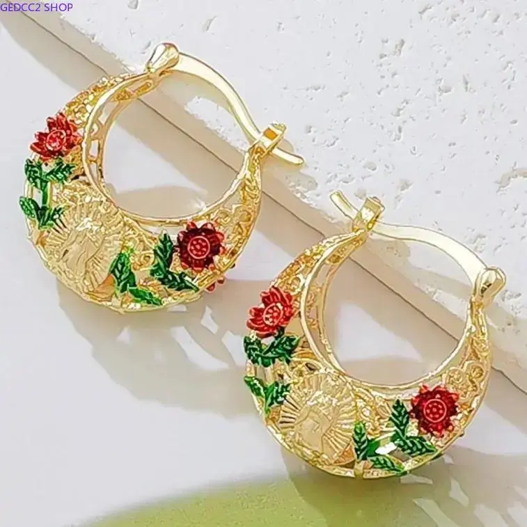 Women's Vintage Boho Hoop Earrings, Gold-Plated with Enamel Flowers, Hollow Retro Design for a Natural, Casual Style, Rose, Fashionable Accessories, Female, Enamel Detail