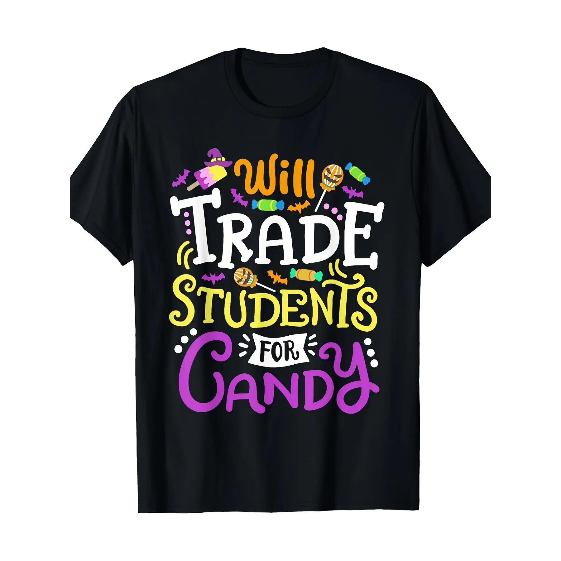 Menswear Cotton Fabric Short-Sleeve Funny Teacher Halloween Costume T-Shirt - Trade for Candy Design Heavyweight Black Retro Unisex Tops for Educators, Pranks, Parties, Shortsleeve