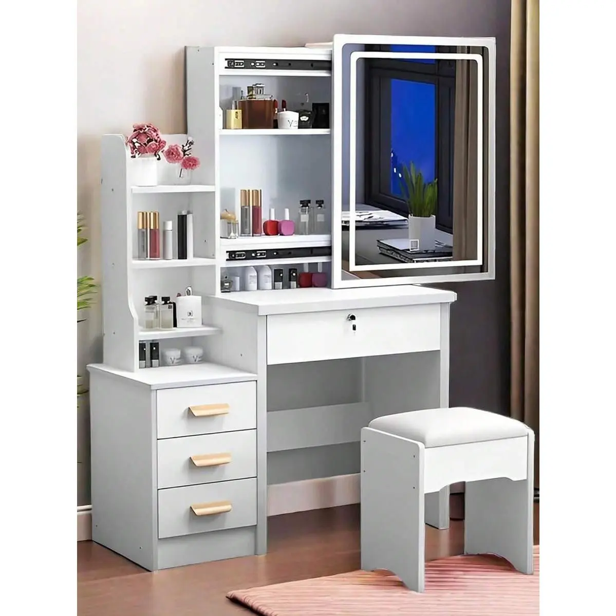 34.8" Elegant White Makeup Vanity Desk With Sliding Lighted Mirror & Touch Control 3-Color Adjustable Lights, 4-Drawer Dressing Table Set With Stool, Storage Shelves –  Space-Saving Vanity Table For Bedroom, Perfect Gift For Women And Girls Birthday