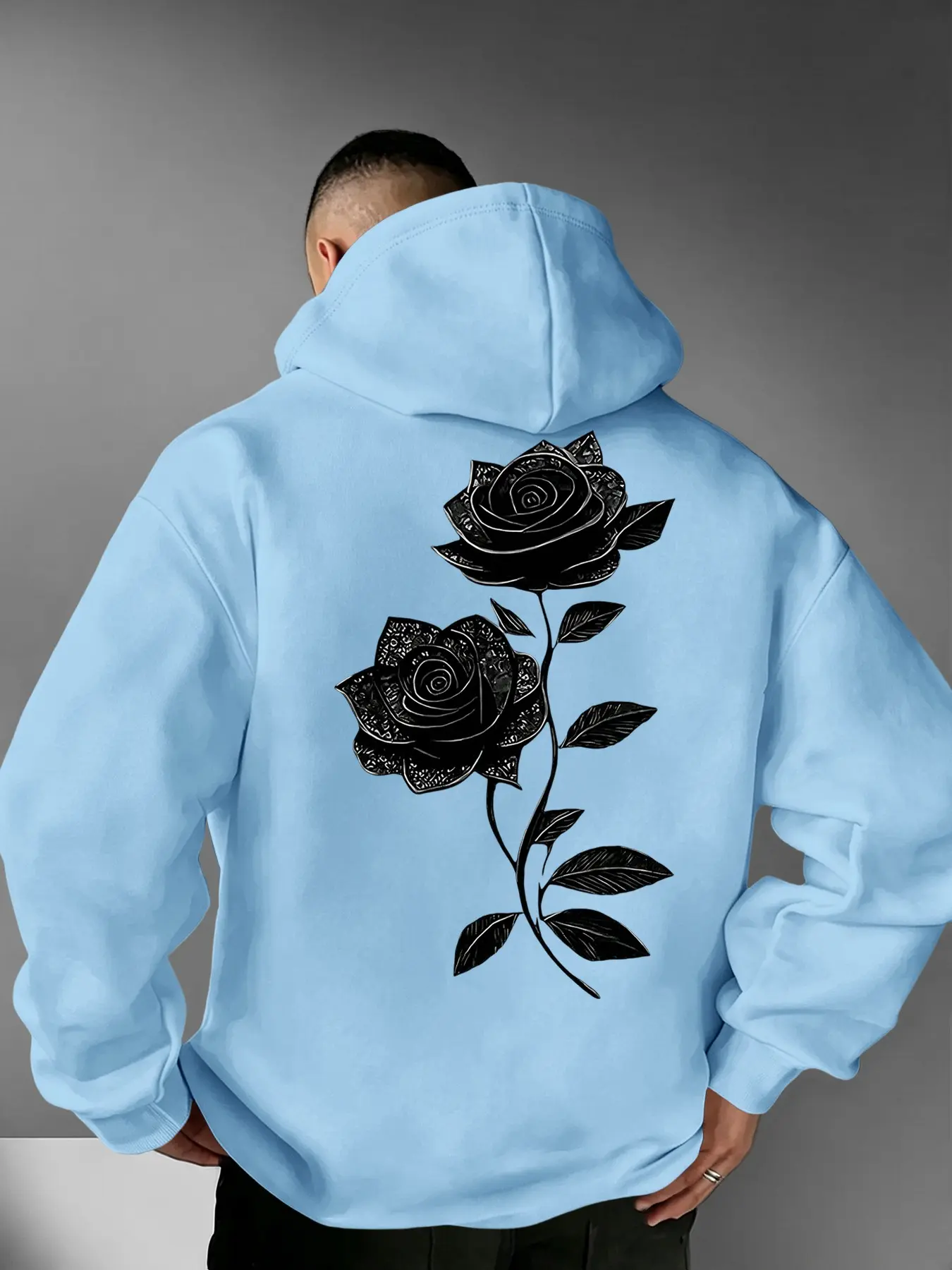 Men's Fall Winter Rose Art Print Hoodie, Loose Fit Long Sleeve Sweatshirt, Comfortable Casual Street Style, Daily Wear