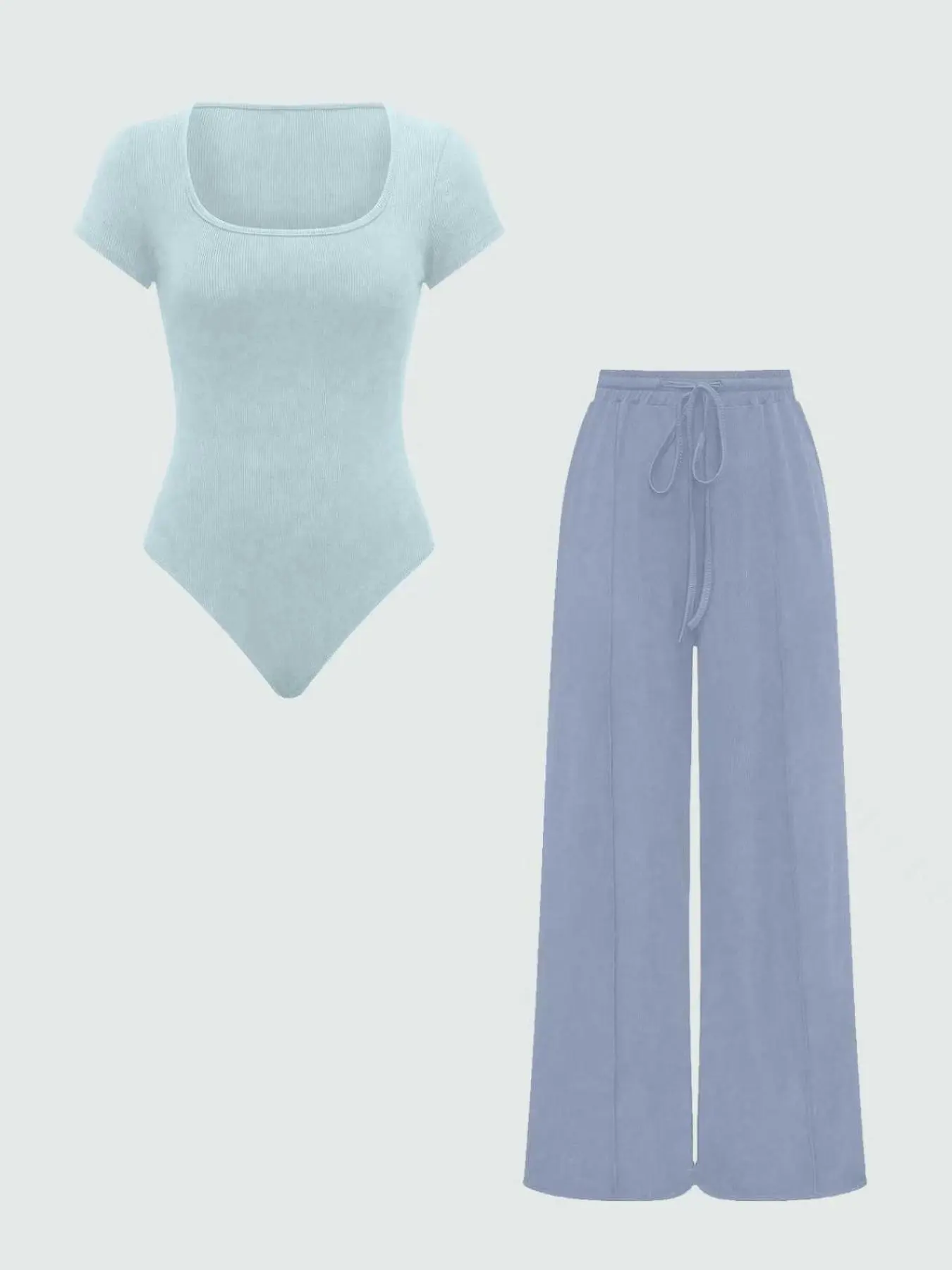 Women's Solid Square Neck Bodysuit & Wide Leg Pants Set, Casual Fashion Cozy Two-piece Outfits for Daily Outdoor Wear, Women Clothes for Spring & Fall