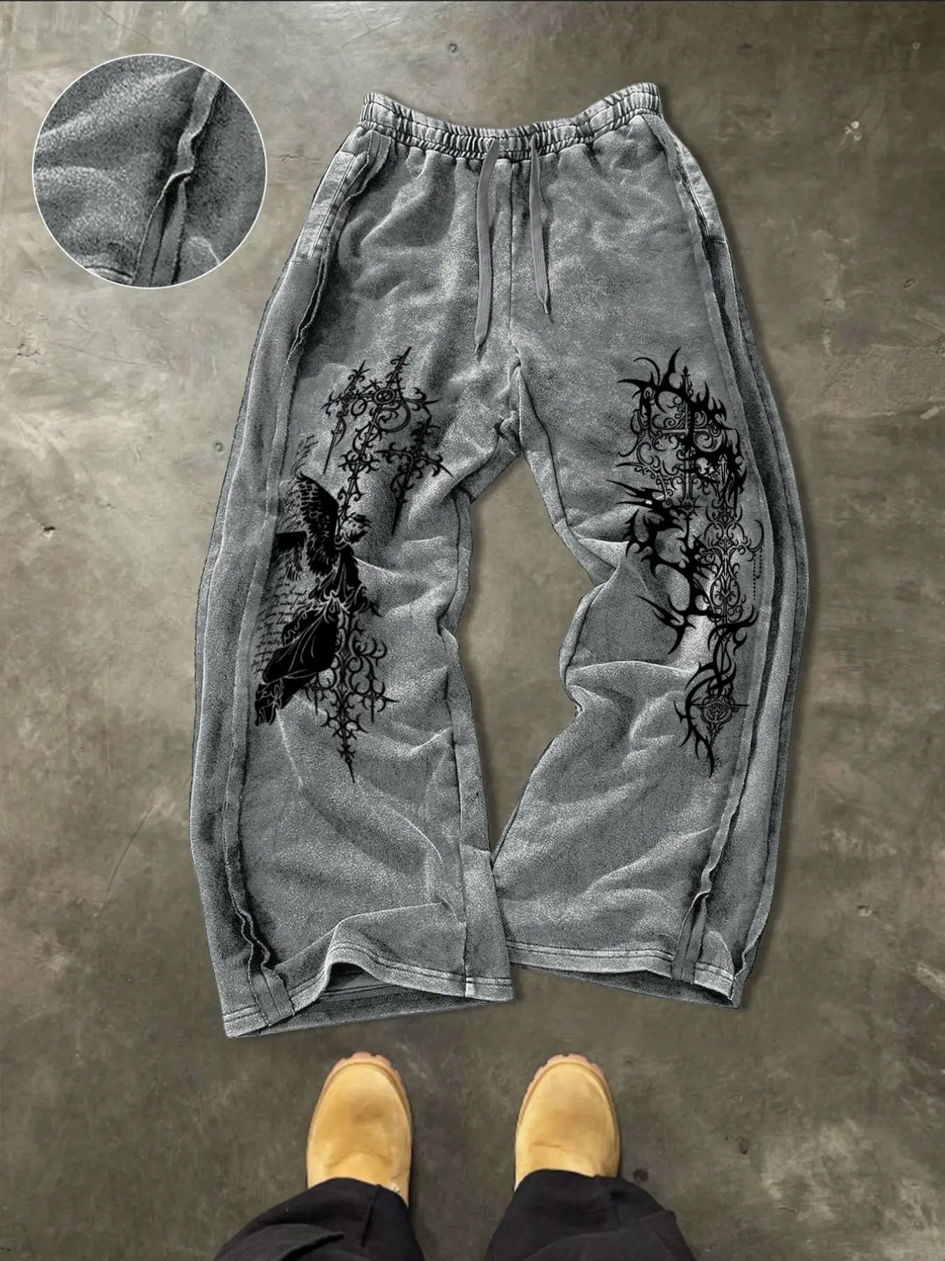 Men's Washed Cotton Elastic Sweatpants, Gothic Print, Mid Waist, Loose-Fit, Ankle Length, Casual Daily Wear, Comfortable Stylish Pants, Loose Casual Comfy