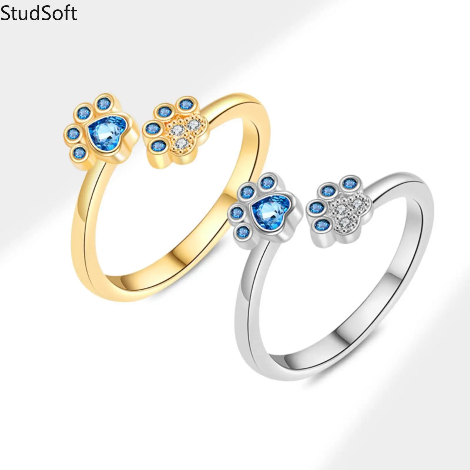 Women 925 Sterling Silver Ring Cute Cat Dog Paw Open Rings Fashion Blue Cubic Zirconia Minimalist Adjustable Pet Jewelry Birthday Gift for Her Girlfriend, Female, Adjustable Size