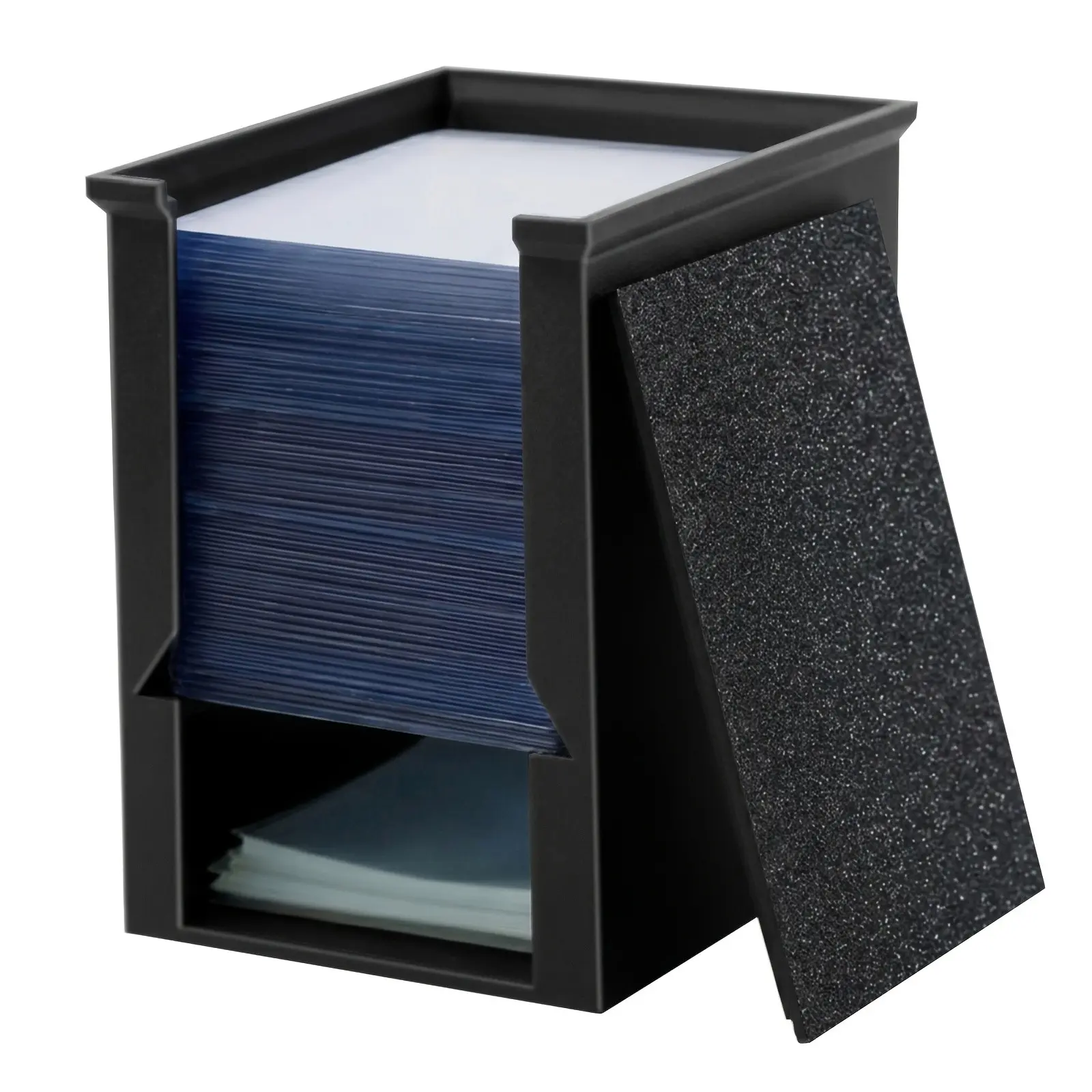 Toploader Dispenser & Penny Sleeve Holder - Dual Compartment Holds 250 Penny Sleeves & up to 50 Top Loaders, Stackable Trading Card Storage Box with Dustproof Lid (Black), Not included Sleeve, Trading Card Organizer, Tcg Storage