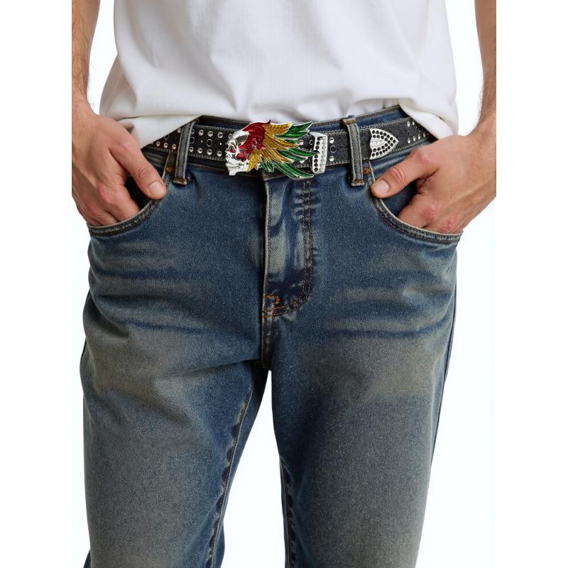 jewelry Rhinestone Black Belt Men Faux Leather Faux Leather PU Black Cross Skull Buckle Revits Belt, Unisex Western Music Festival Embellished Faux Glitter Print Belt With Rhinestone And Rivet, Music Festival Party Wear