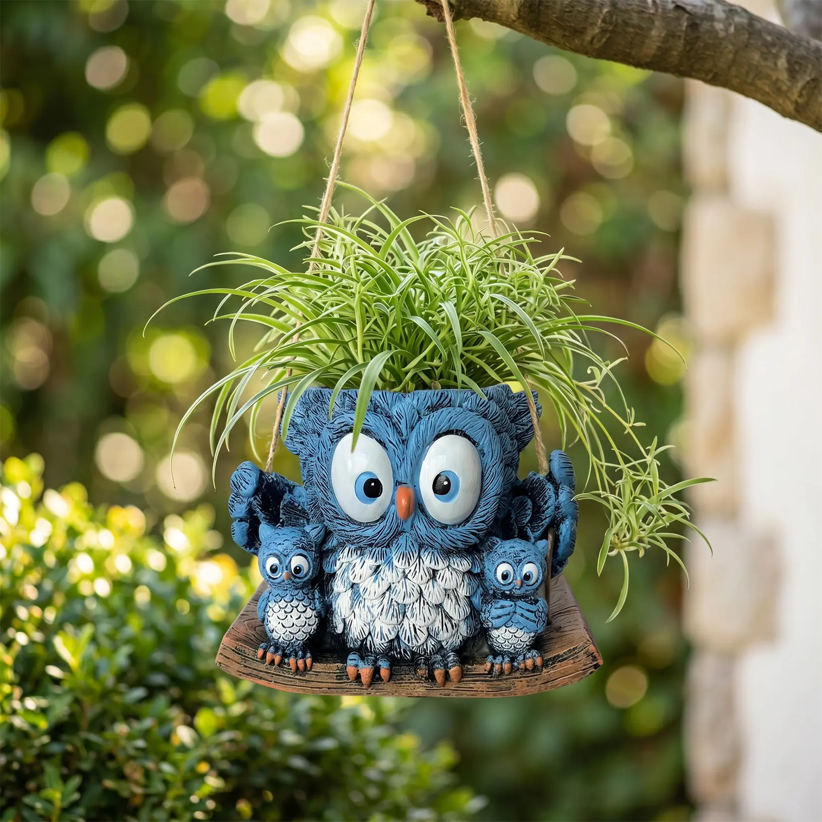 Garvee Whimsical Owl Hanging Planter – Resin Flower Pot with No-Drill Design, Natural Rope for Window, Indoor & Outdoor Garden, Patio Decor, 5.9×4.53×3.94 Inch – Cute Swing Style