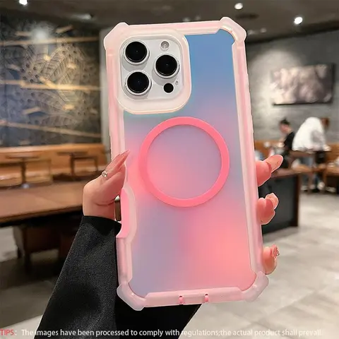 Magnetic matte color gradient phone case suitable for iPhone 17, 16, 15, 14 Plus, 13 Pro supports wireless charging, dazzling laser, four corner shockproof protective case, Shockproof Protective Casing, Tpu smartphone cover, Magnetic Cellphone Cover