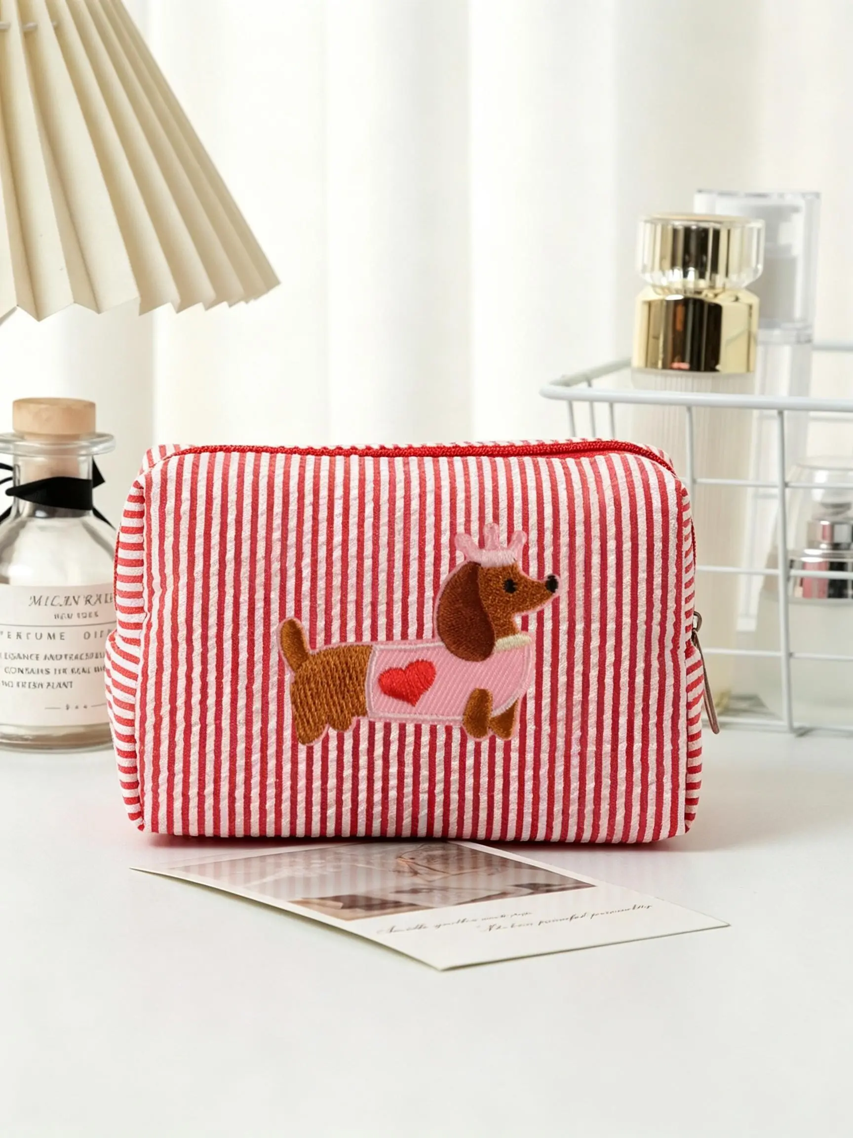 Dachshund Velvet Pencil Case, Colorful Striped Zipper Makeup Bag, Durable Desktop Accessory for School, Office, Classroom Supplies