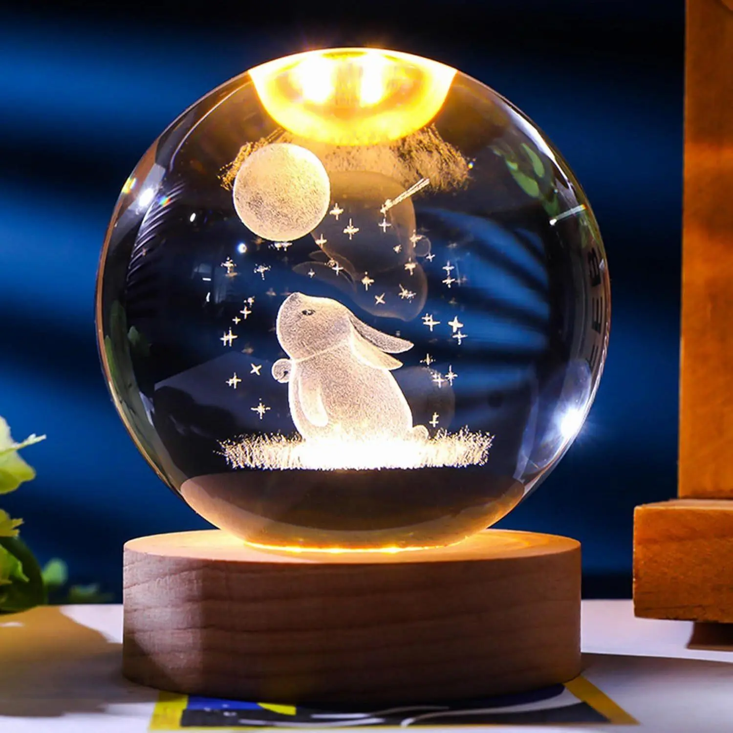 1pc Color Changing 3D Carved Rabbit Moon Crystal Ball Ornament - Decorative Lamp for Home Room Living Room Office Decor, Small Night Lights, Unique Mom Gift, Gift for Her/Him, Girlfriends, Valentine's Day, Birthday, Anniversary Celebration