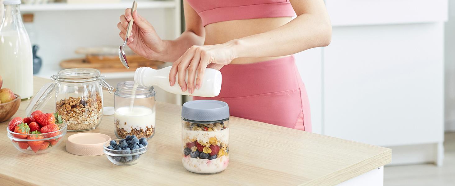 6-pack 16 oz Overnight Oats Containers with Lids, Glass jars with Airtight Lids, Wide mouth Mason Salad jars, Glass Food Storage Containers for Snacks Yogurt Spice Sugar