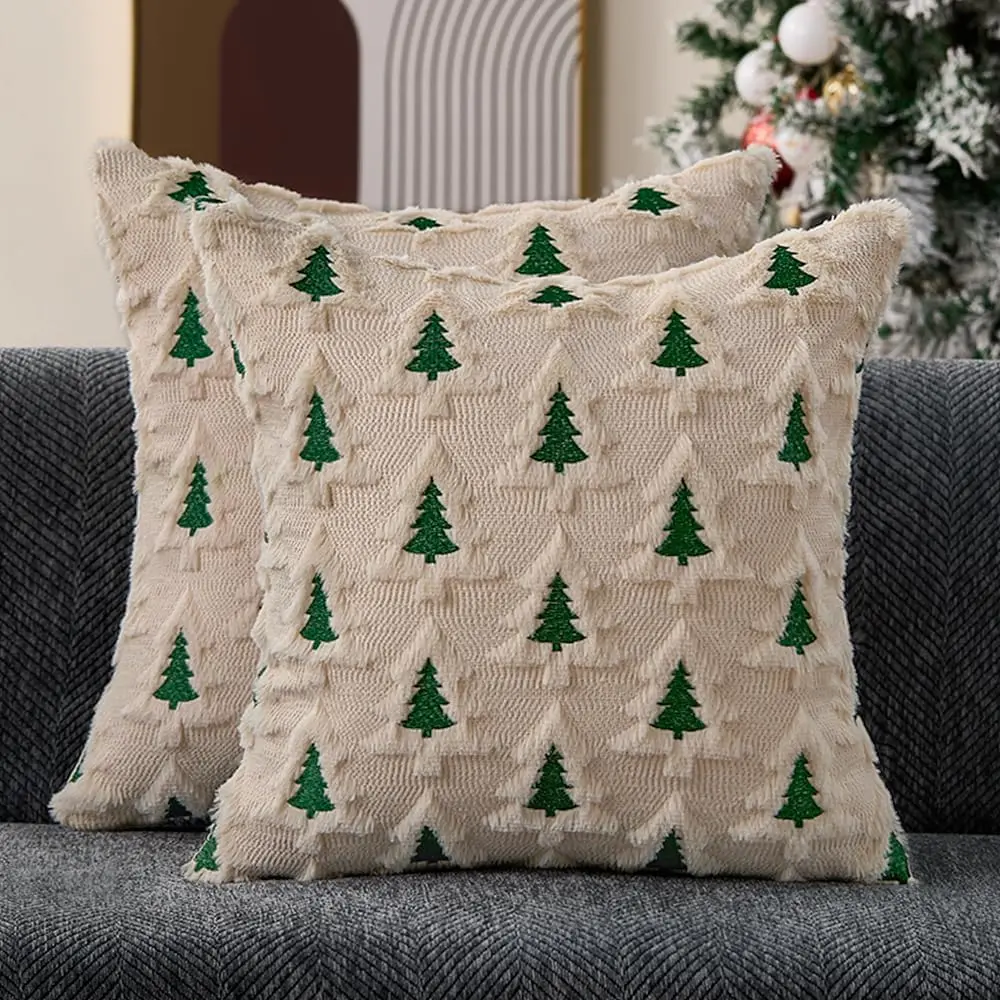 Christmas Pillow Covers 18x18 Set of 2 Beige Double Xmas Tree Pillow Covers Soft Plush Faux  Christmas Decorations for Xmas Winter Holiday  Bedroom Sofa Cushion Cases PT-008C18