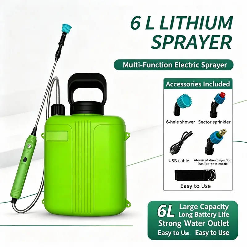 6-liter electric sprayer, powerful performance, three interchangeable nozzles, adjustable portable shoulder strap, suitable for garden and lawn watering, green