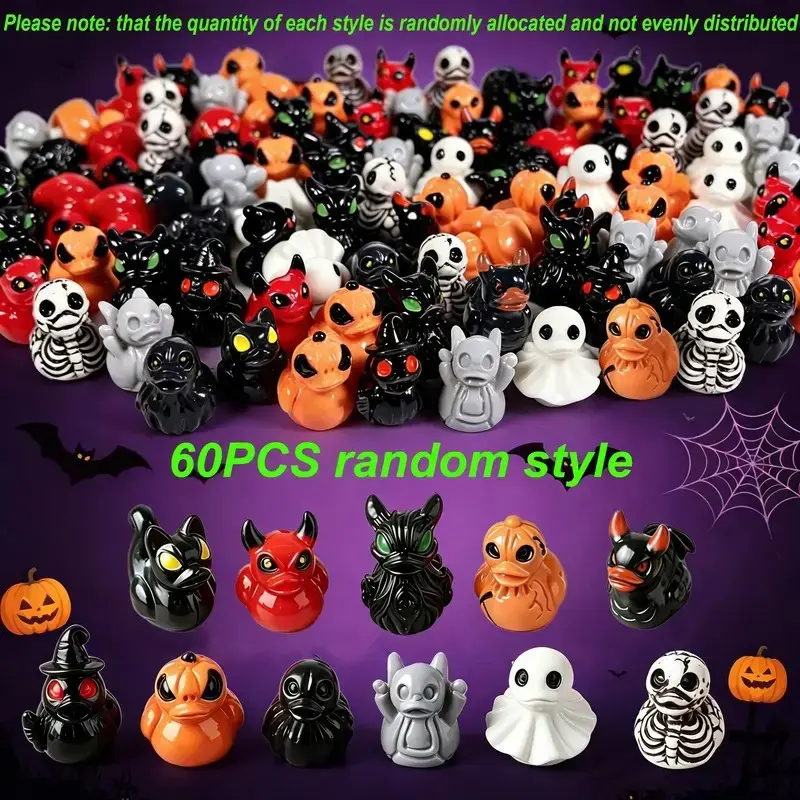 60pcs Mini Devil Ghost Skull Resin Ducks, Cute Horror Desk Decor, Creative Desktop Decoration, Mini Garden Ornament, Halloween Christmas Decor, DIY Micro Model