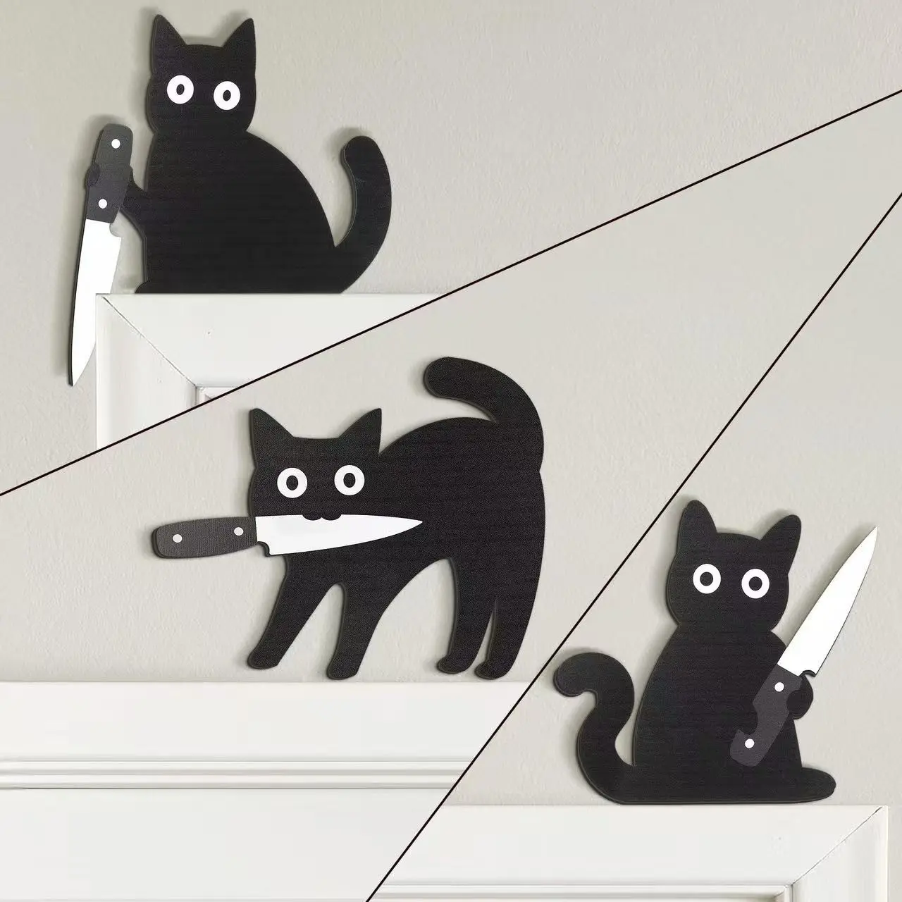 Three knife-wielding black cat door top decorations, Hanging decor ornament, spooky wooden door frame corner ornaments for Halloween, eerie black cat silhouette door plaques, Halloween gifts for cat lovers, Home Hanging Decoration