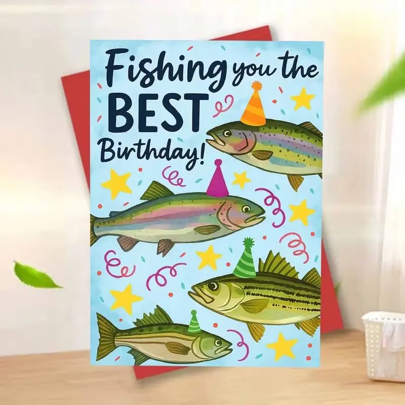 1 SET Fishing Birthday Card, featuring a colorful fish wearing a party hat, decorated with stars and confetti—perfect for sending joy and well-wishes to friends, family, and coworkers on special occasions. A great Christmas gift.