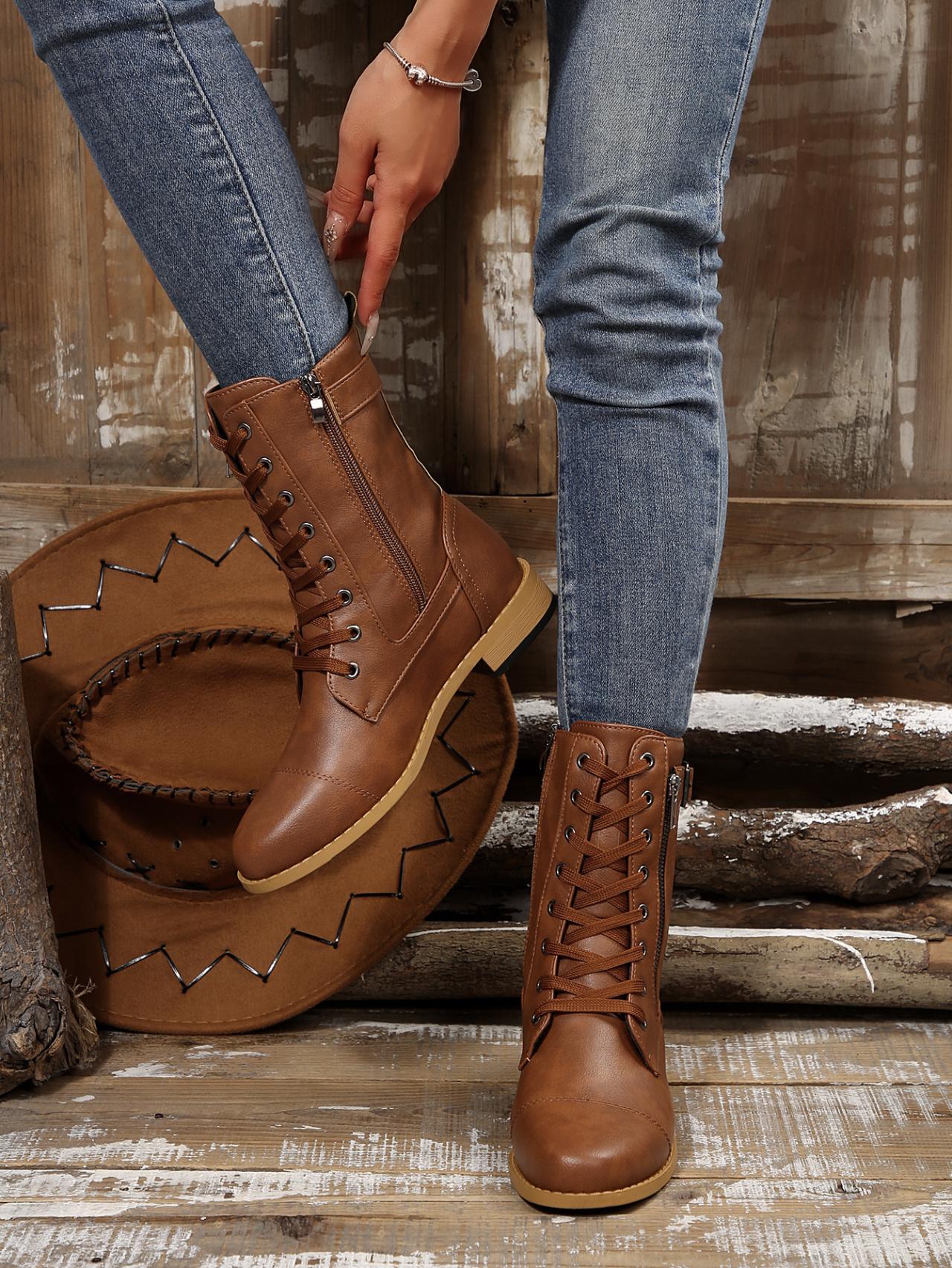 British Vintage Women's Autumn/Winter New Style  Fashion Chunky Heel Comfortable Side Zipper Solid Color Belt Decorated Ankle Boots, Women Shoes