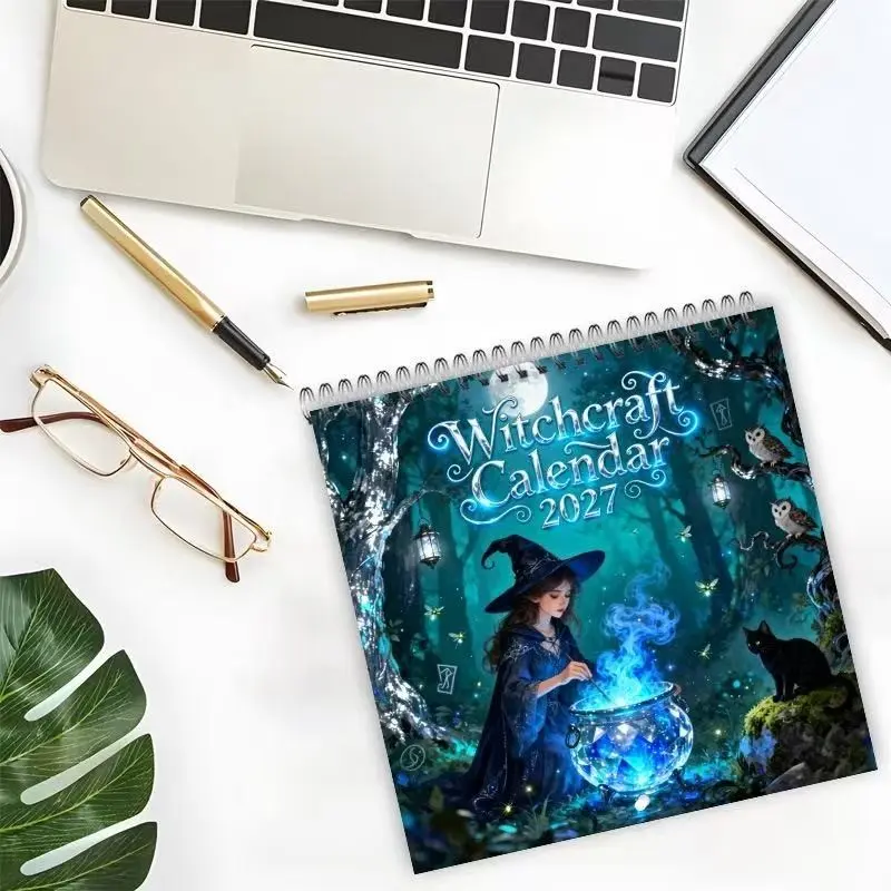 2027 Magic Witch Desk Calendar, Dark Forest Fantasy Illustrations, Coil Flip Month Calendar, Atmospheric Desktop Decor, Unique Christmas & Halloween Gift