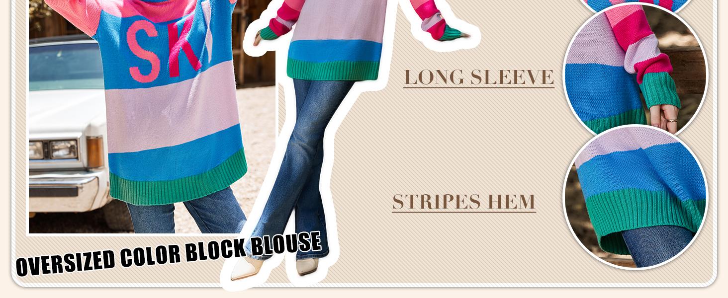 Yousify Womens Sweaters Fall 2024 Oversized Color Block Ski Sweater Crewneck Winter Tops S-2XL