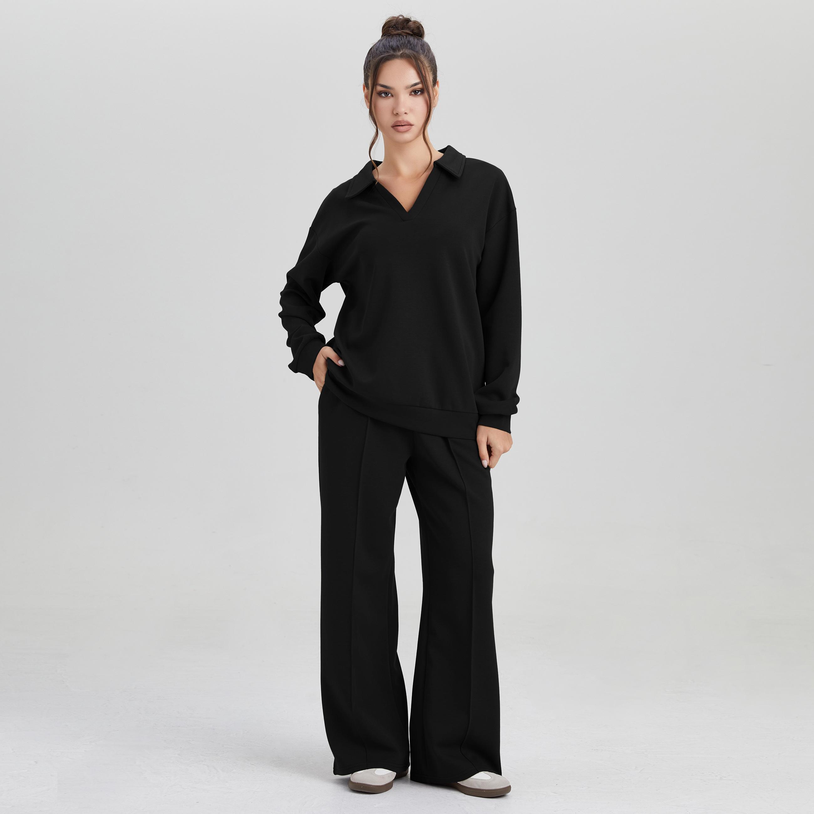 Women's Minimalist Solid Color Split-Neck Sweatshirt, Simple Style Loose Long Sleeve Top, Lady Casual Comfort Outfit