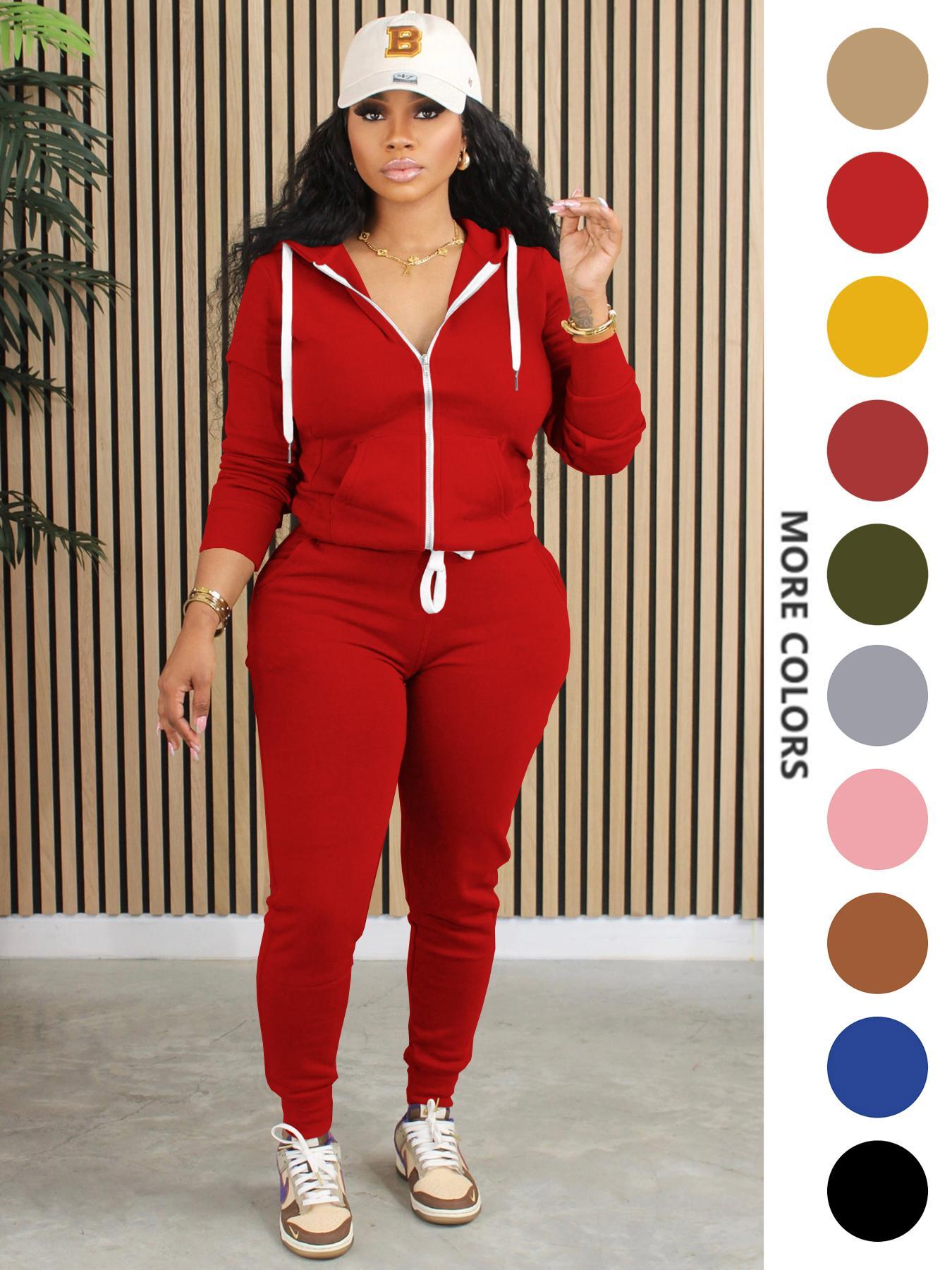 Two-Piece Set Women's Solid Zip Up Fitted Hoodie & Drawstring Waist Pants, Casual Long Sleeve Hooded Sweatshirt & Pocket Trousers for Spring & Fall, Women's Clothes for Daily Wear, Casual Fashion Set