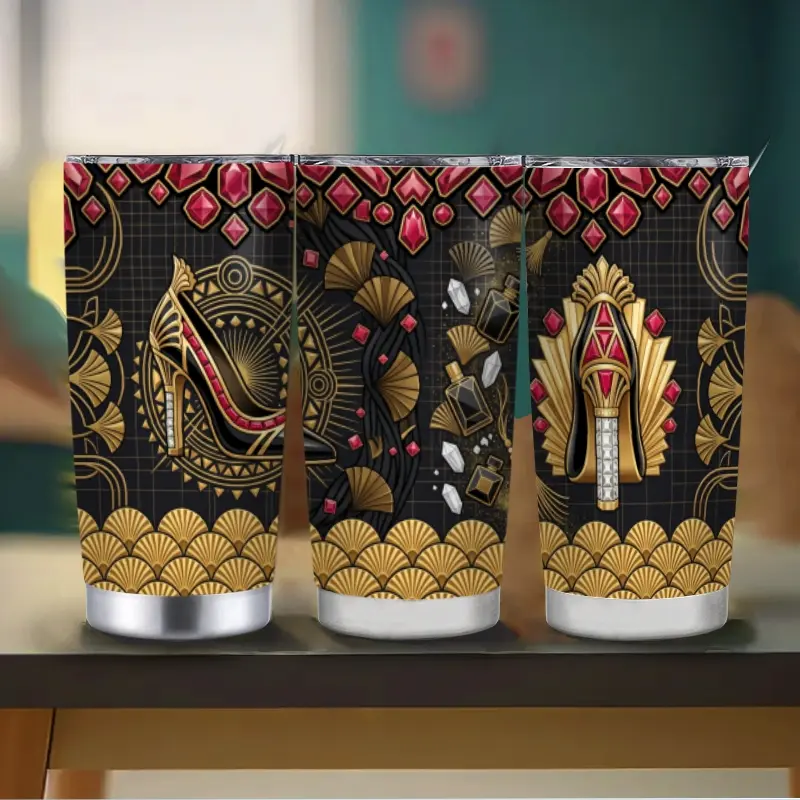 Stainless Steel Insulated Tumbler with Stiletto & Ruby Gem Design, Gold Art Deco Water Bottle Flask - Sturdy, Lightweight, Portable, Sliding Lid, Straw, Hot/Cold Drinks, Luxury Gift for Boss Ladies, Business Meetings, Water Bottles, Flasks