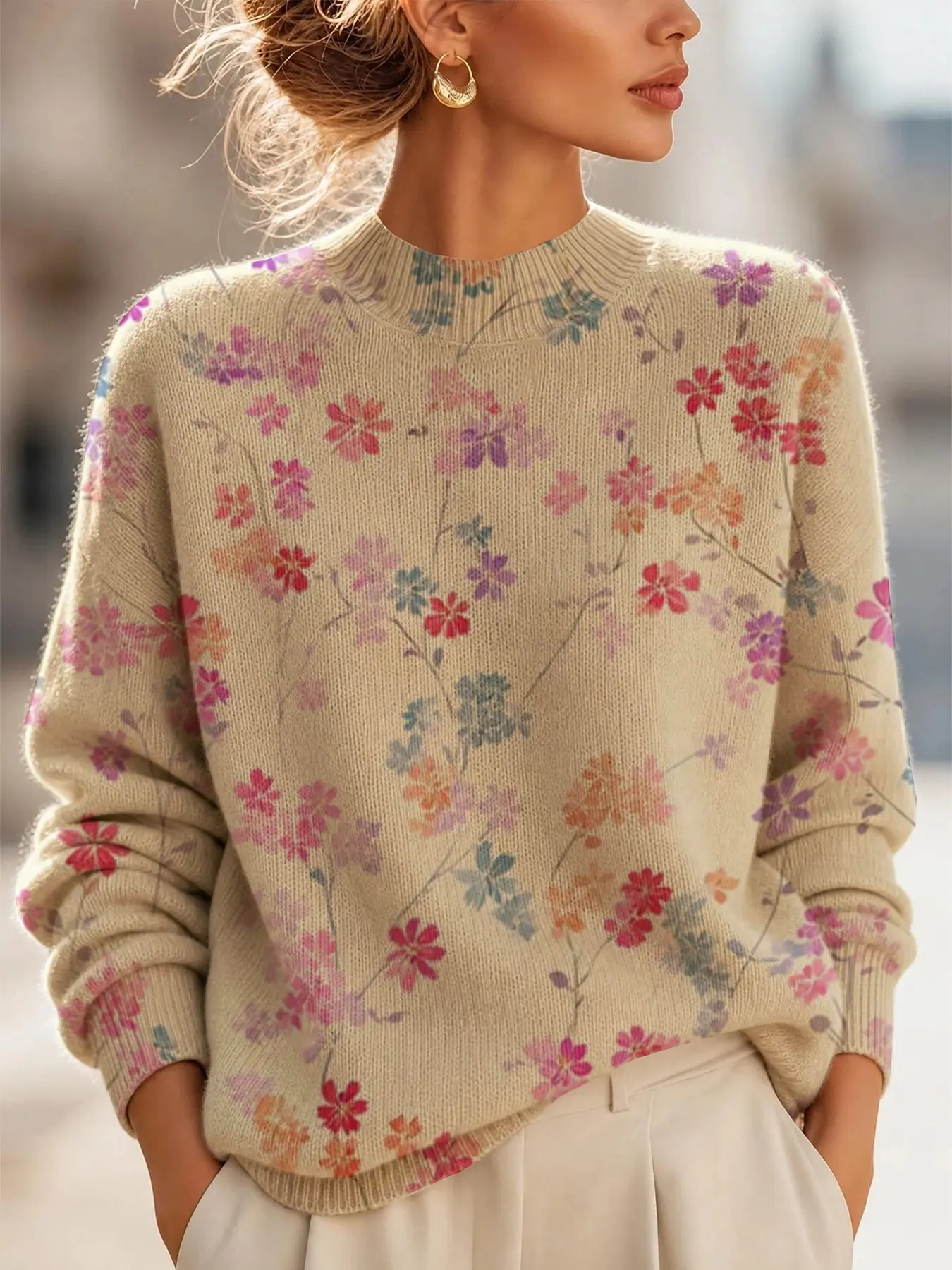 Women's New Fashion Sweater, Allover Floral Print Long Sleeve, Warm and Versatile, Casual Fitted Sweater for All Seasons