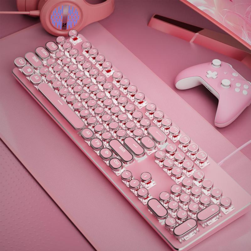 EWEADN Punk Typewriter Mechanical Gaming Keyboard, All-metallic Panel 104 Keys Full-size Numeric Keypad, White Backlit USB Wired Keyboard for Game and Office, Lighted Mechanical Keyboard