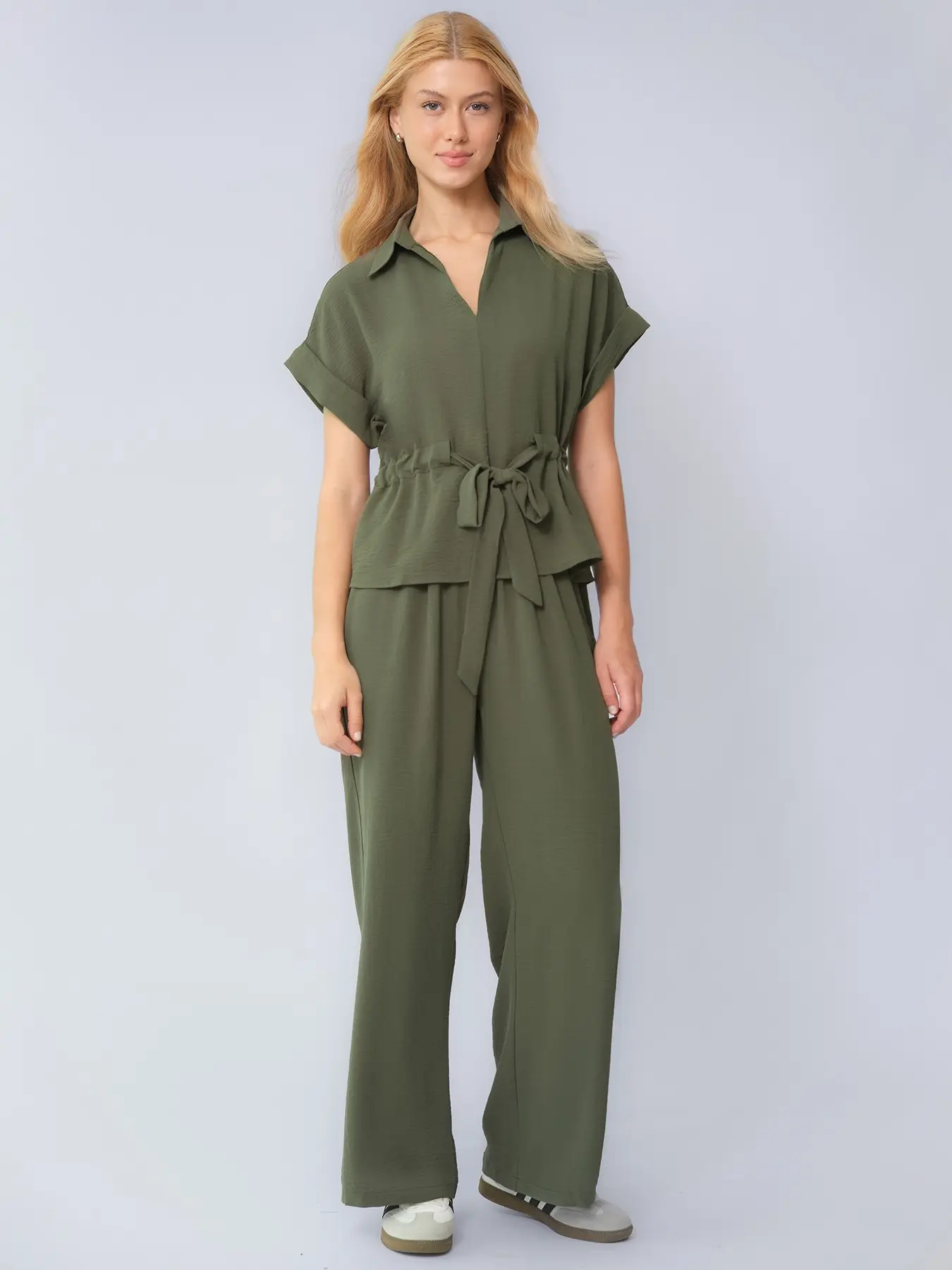 Women's Simple Style Collared Rolled-Up Sleeve Top & Wide-Leg Trousers, Co-ord Set, Skin-Friendly Tie Front Two-Piece Sets for Spring & Summer