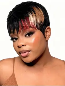 Full Machine Made Human Hair Pixie Wig, with Blonde Highlights, Short Cut Hair Wig for Women, Stylish and Versatile