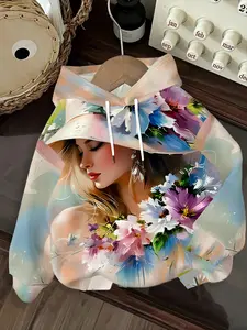Watercolor Floral Hooded Soft Women's Full Print Loose Fit Sweatshirt, Casual Long Sleeve Hoodie, Comfortable Fashion Pullover for Spring & Fall