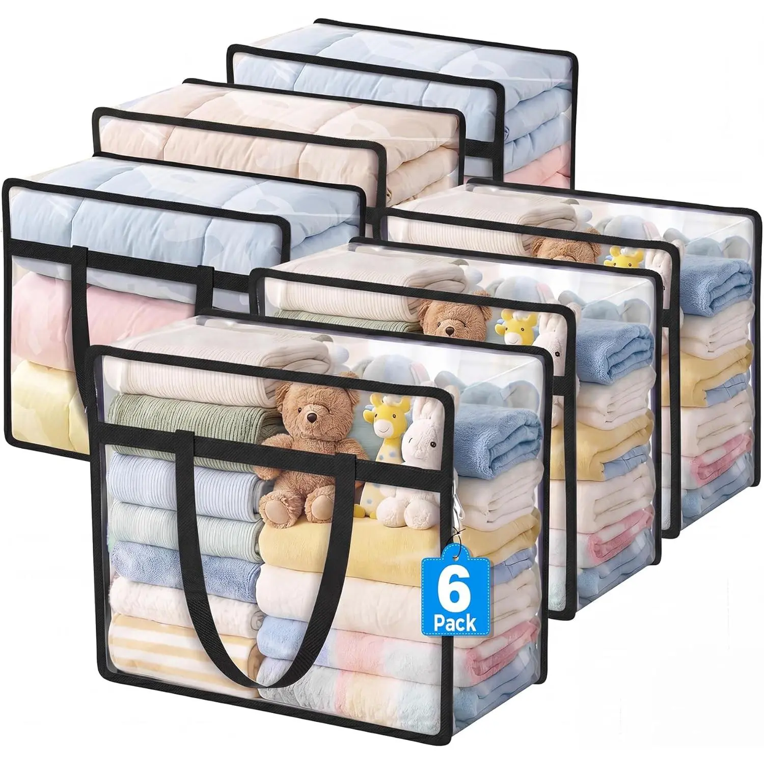6 Pack Clear Storage Bags for Clothes, 45L Closet Organizers and Storage| Plastic storage with zipper and handle, moving bags, under-bed storage, closet organizer for blankets, comforters, toys