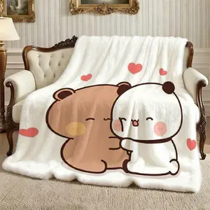 Bubu and Dudu Love Print Flannel Blanket - Ultra Soft Flannel Blanket for Bed and Sofa, All-Season Use, Modern Style Design, Digital Print Pattern, 100% Polyester, Machine Washable, Perfect for Travel, Camping, and Napping, Unique Holiday Gift Choice