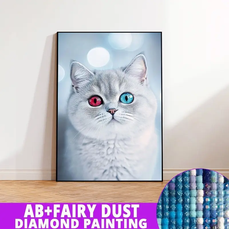 1PC framedless 5D Diamond Painting Kit-Grey Cat with Heterochromatic Eyes Grey Cat with Heterochromatic Eyes -Ornament Decorations for Home Resin Diamonds, AB Diamonds & Fairy Dust, Perfect for Adult Diamond Lovers,Holiday Gift