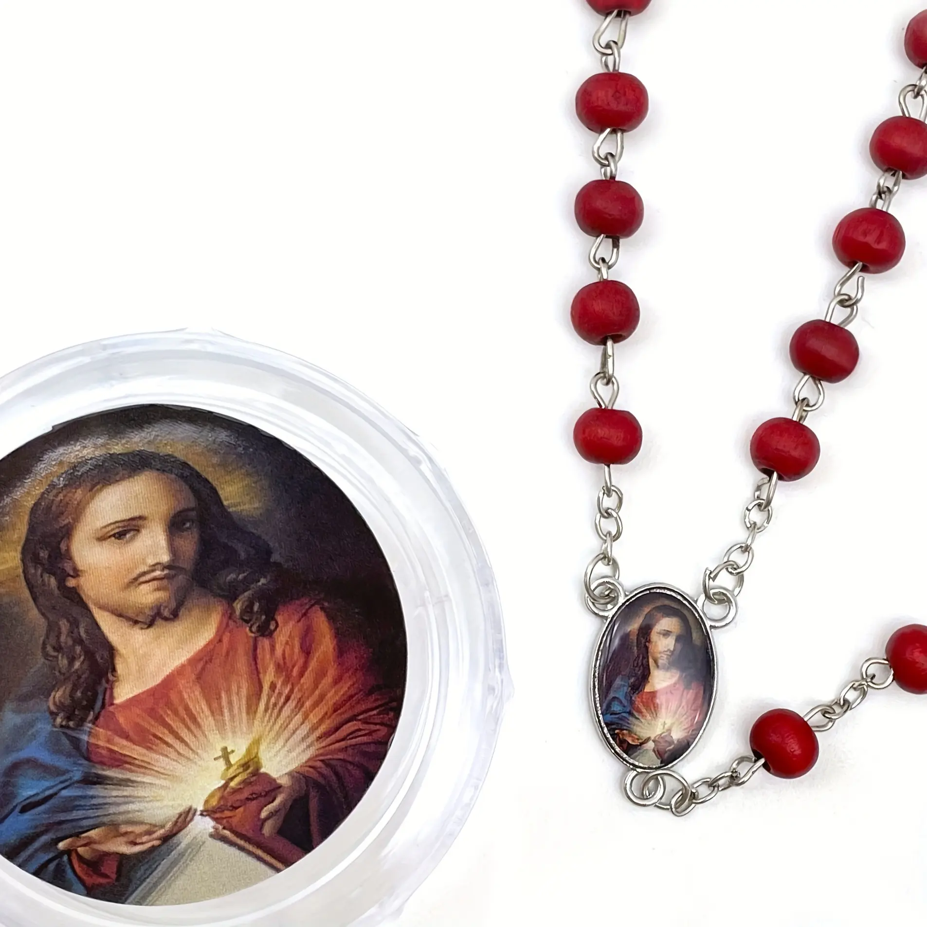 12pcs Religious Prayer Sacred Heart of Jesus Christ Scented Wooden Beads Rosary Cross with Rosario Car Auto/Any Religious Event Party Favor