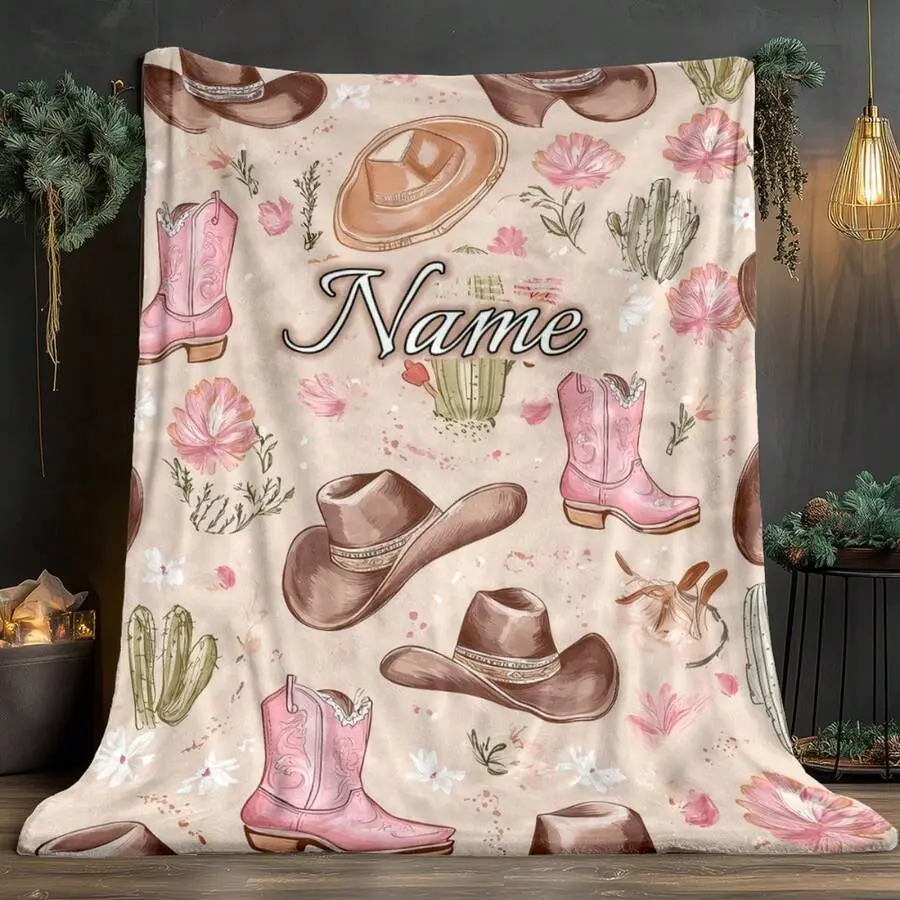 Customizable Pink Western Cowgirl Flannel Throw Blanket - 30x40in, Personalized Watercolor Boot Hat Cactus Design, Wrinkle-Resistant, Breathable, Durable, Soft Cozy Warm, Decorative Blanket, Home Room Decor, Cowgirl Theme Gift for Teen Girls