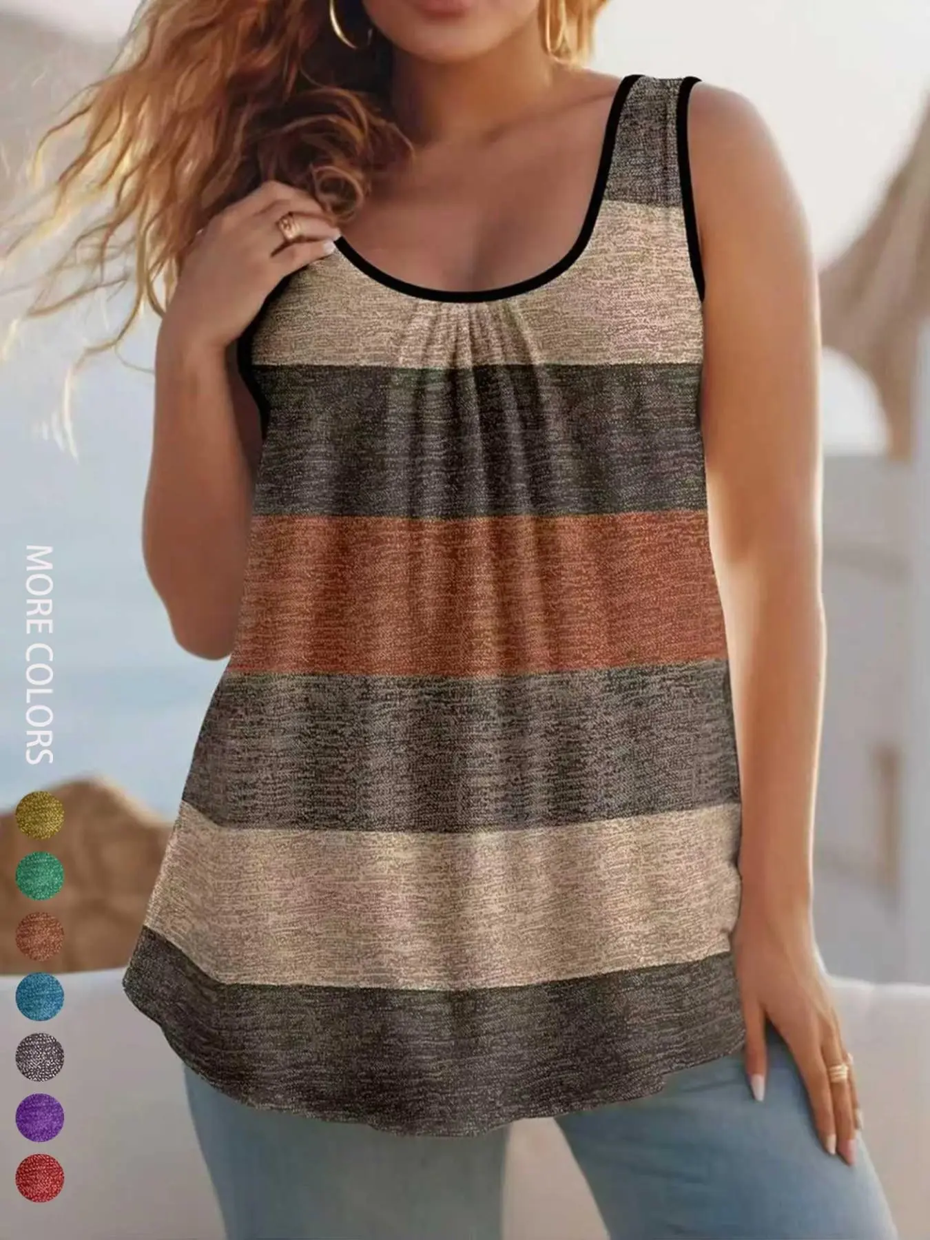 Plus Size Women's Vacation Wide Strap Ruched Loose Tank Top, Summer Casual Sleeveless, Casual Sleeveless Tops, Casual Everyday Wear, Concert Fashion, Comfortable and Stylish Design